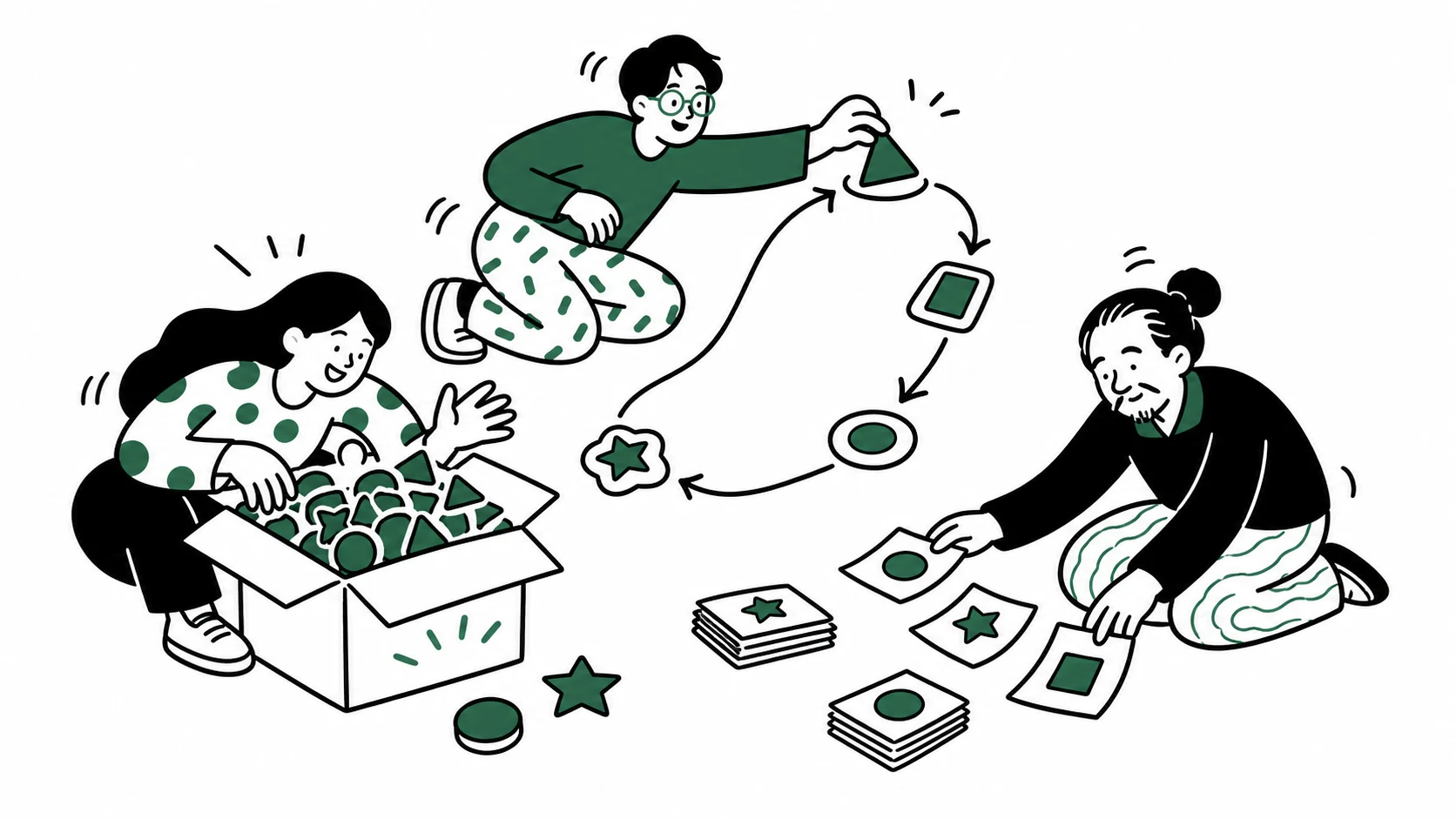 서로 다른 역할의 세 명이 작은 자동화 업무의 처리 순환을 함께 검토하는 장면