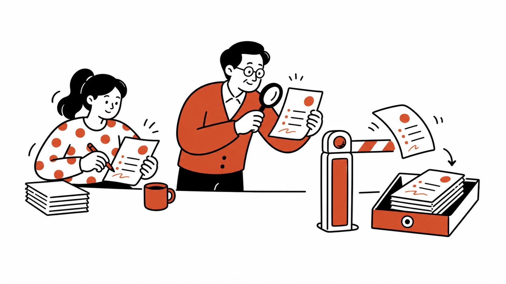 한 담당자가 만든 문서를 다른 담당자가 검토한 뒤 승인된 문서만 통제된 경로로 보내는 장면